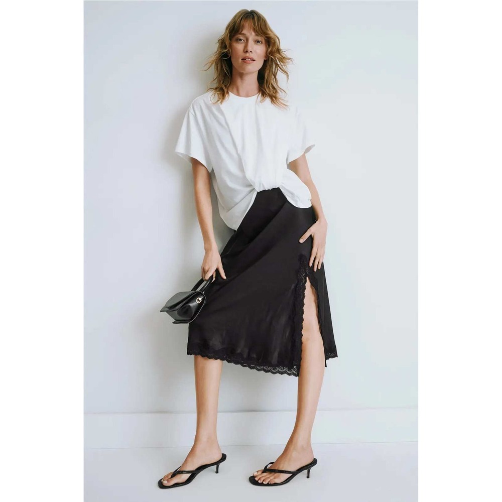 Love Stories Ann T-Shirt Dress Satin Lace Midi White Black Women Sz M